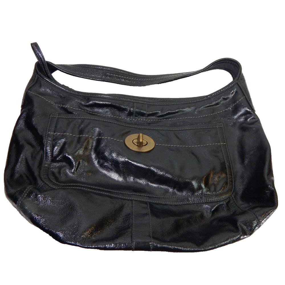 Coach Y2K Shoulder Bag Ego Turnlock Crinkle Patent Leather Black Slouchy Hobo